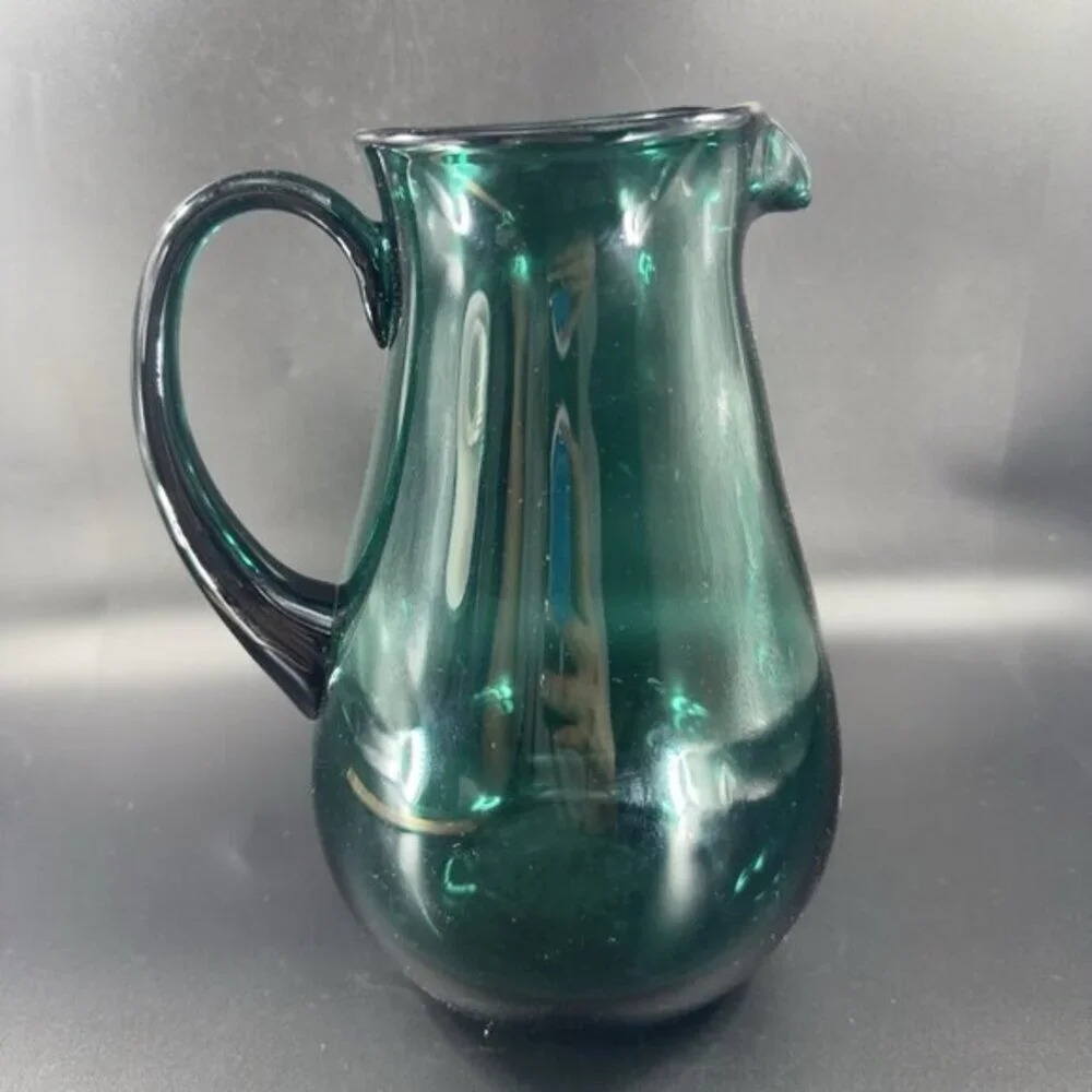 Hortensja Teal Green Blue Hand Blown Glass Pitcher  Made In Poland Vintage Decor